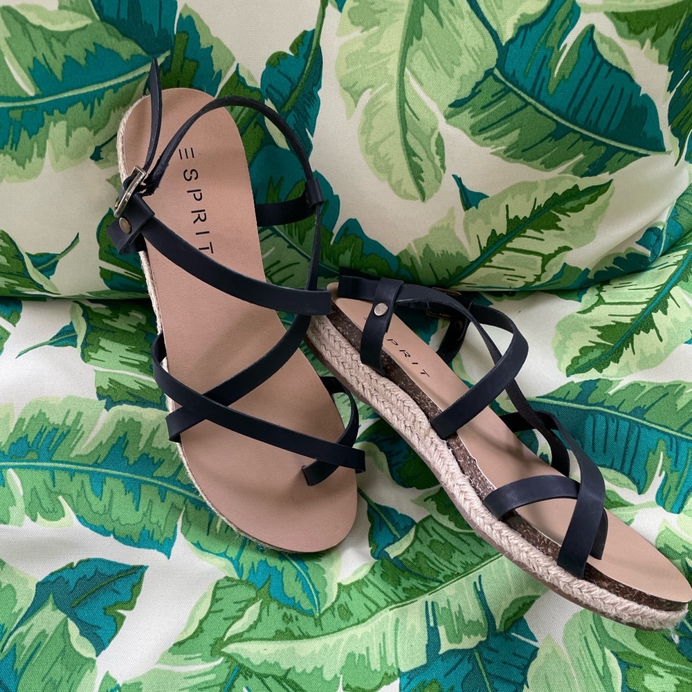 Esprit Judy Espadrille Wedge Sandals Size 9.5 Black Strappy Minimalist Coastal